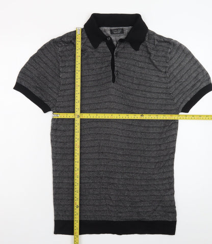 Zara Man Black Geometric Knit Polo Shirt Men's Size L