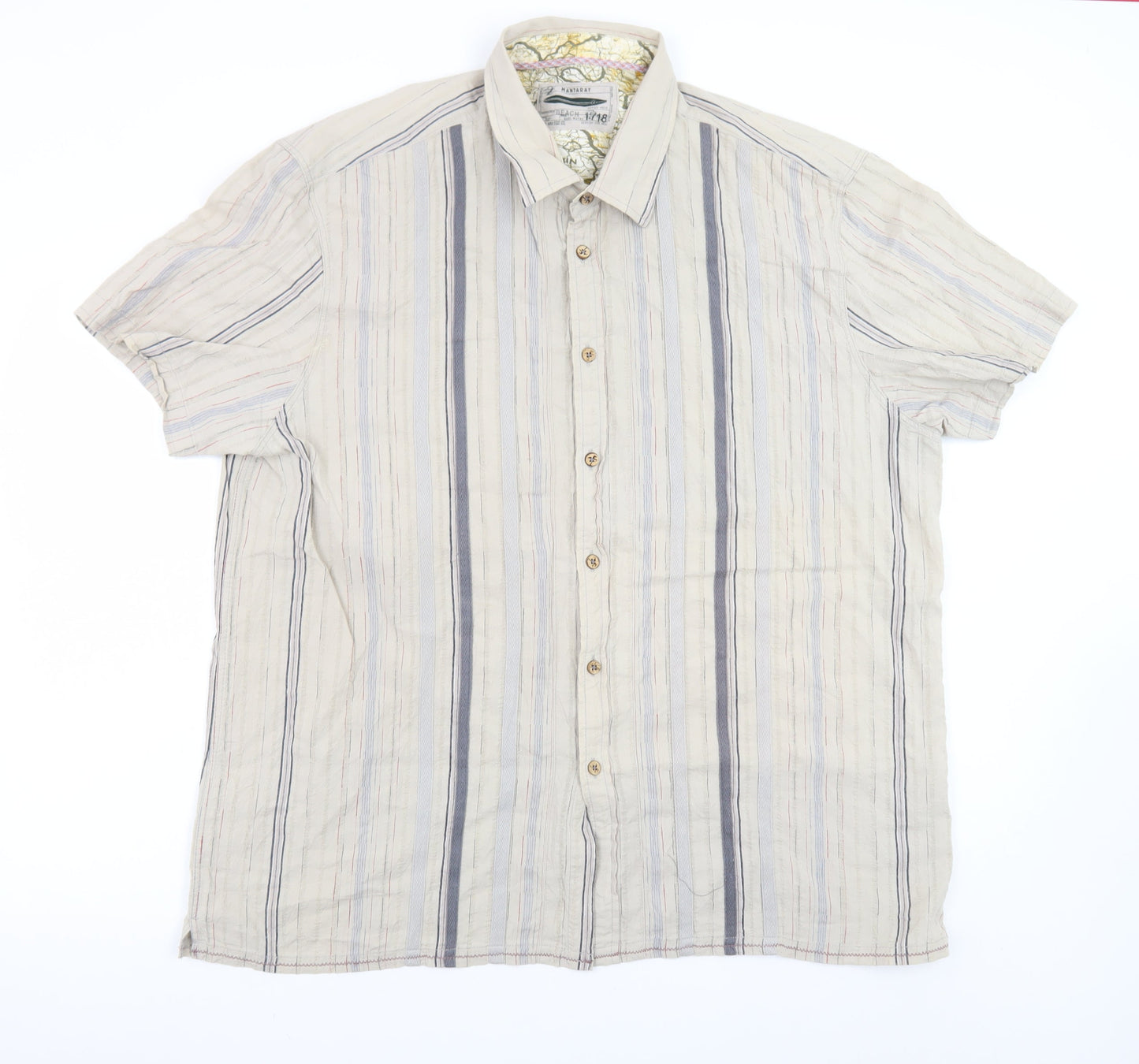 Mantaray Men's Beige Striped Short Sleeve Cotton Button-Up Shirt XL