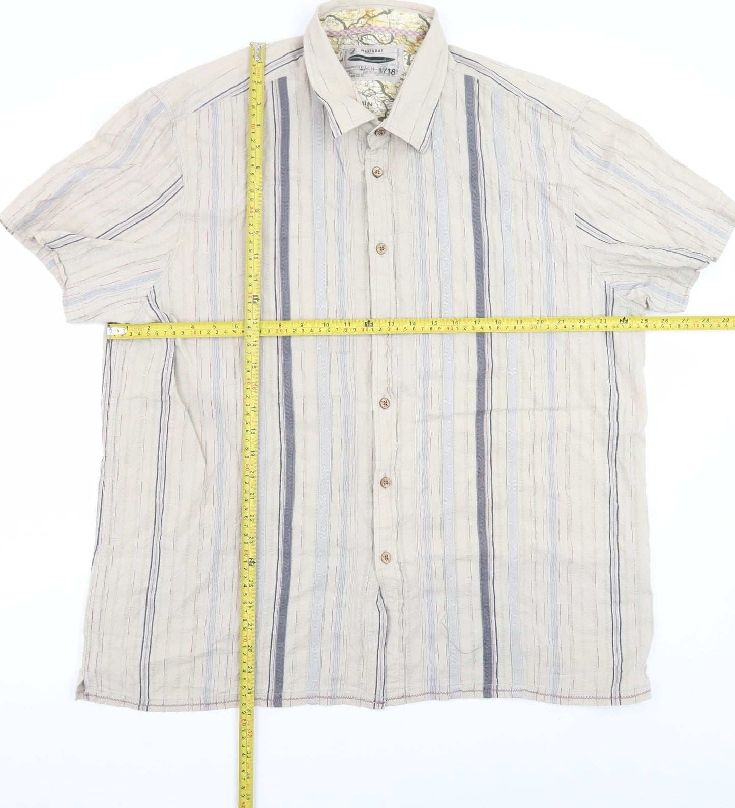 Mantaray Men's Beige Striped Short Sleeve Cotton Button-Up Shirt XL
