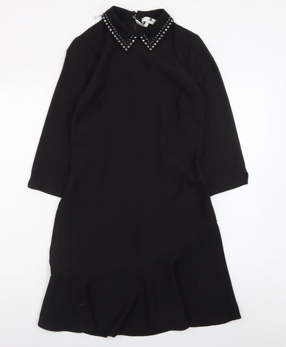 Warehouse Women Black Size 6 Shift Dress Beaded Collar 3/4 Sleeve