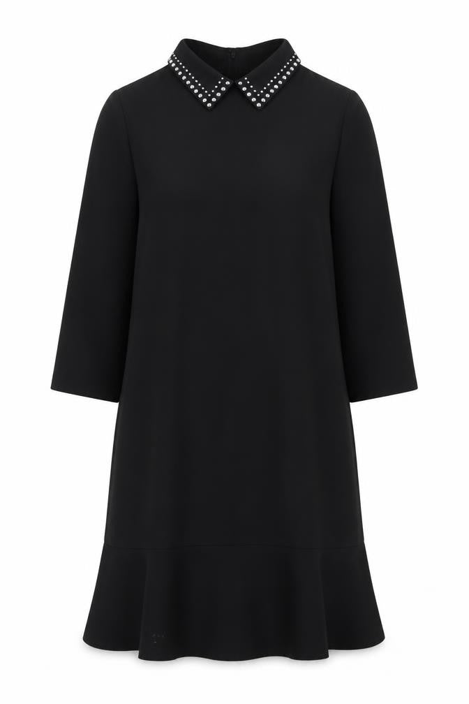Warehouse Women Black Size 6 Shift Dress Beaded Collar 3/4 Sleeve