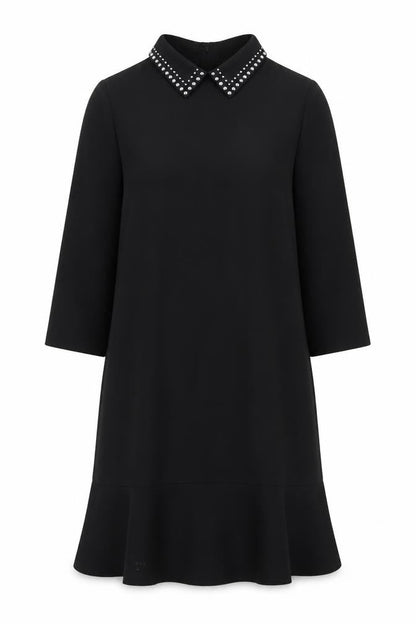 Warehouse Women Black Size 6 Shift Dress Beaded Collar 3/4 Sleeve