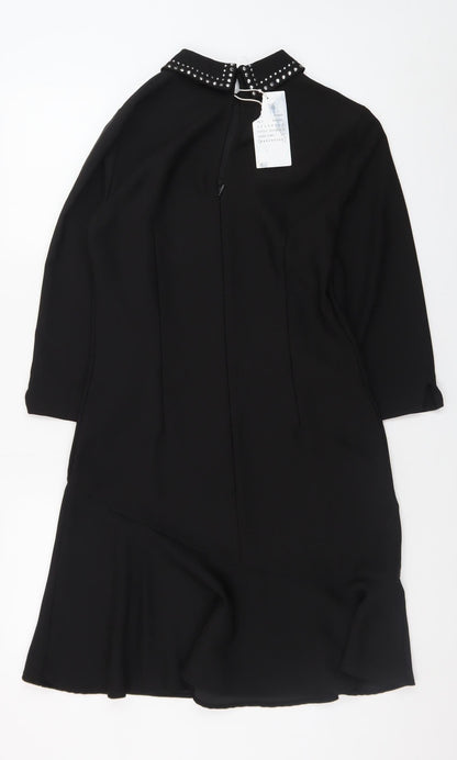 Warehouse Women Black Size 6 Shift Dress Beaded Collar 3/4 Sleeve