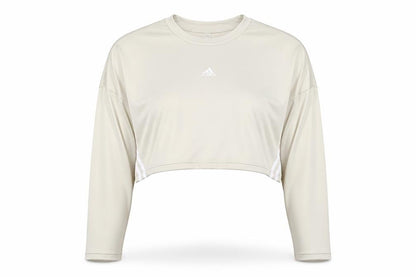 Front view of Adidas Women Beige Cropped Long Sleeve Sports T-Shirt, size S