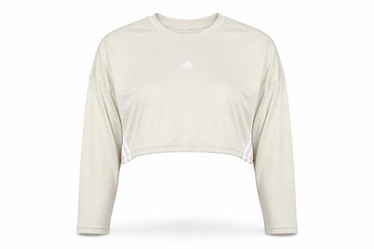 Front view of Adidas Women Beige Cropped Long Sleeve Sports T-Shirt, size S