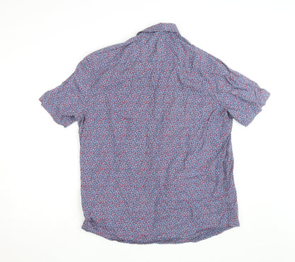 Marks and Spencer Men's Blue Floral Cotton Short Sleeve Relaxed Fit Shirt Size L