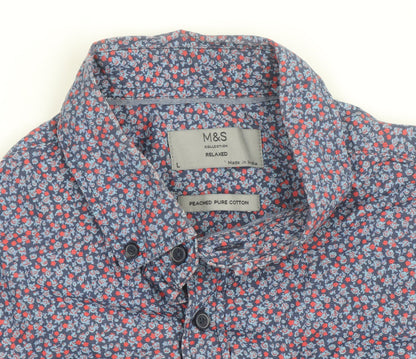 Marks and Spencer Men's Blue Floral Cotton Short Sleeve Relaxed Fit Shirt Size L