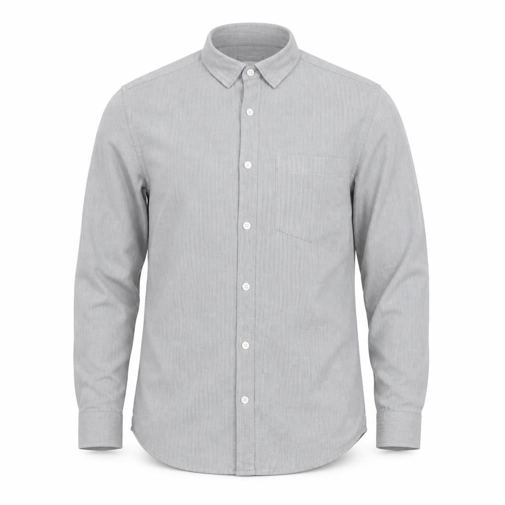 River Island Men's Grey Herringbone Cotton Long Sleeve Button-Up Shirt M