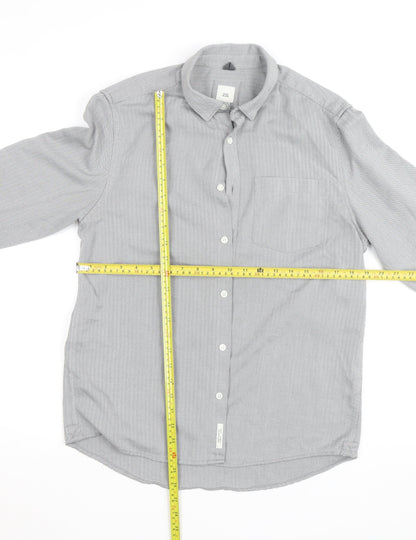 River Island Men's Grey Herringbone Cotton Long Sleeve Button-Up Shirt M