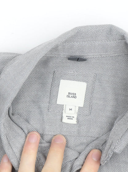 River Island Men's Grey Herringbone Cotton Long Sleeve Button-Up Shirt M
