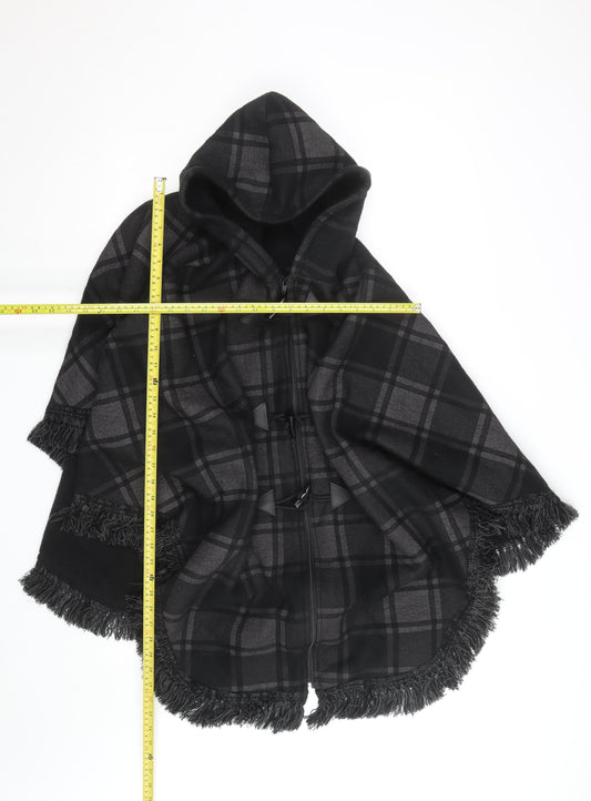 Feminine Women's Black Check Hooded Cape Poncho L
