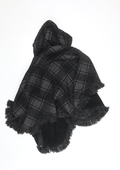 Feminine Women's Black Check Hooded Cape Poncho L