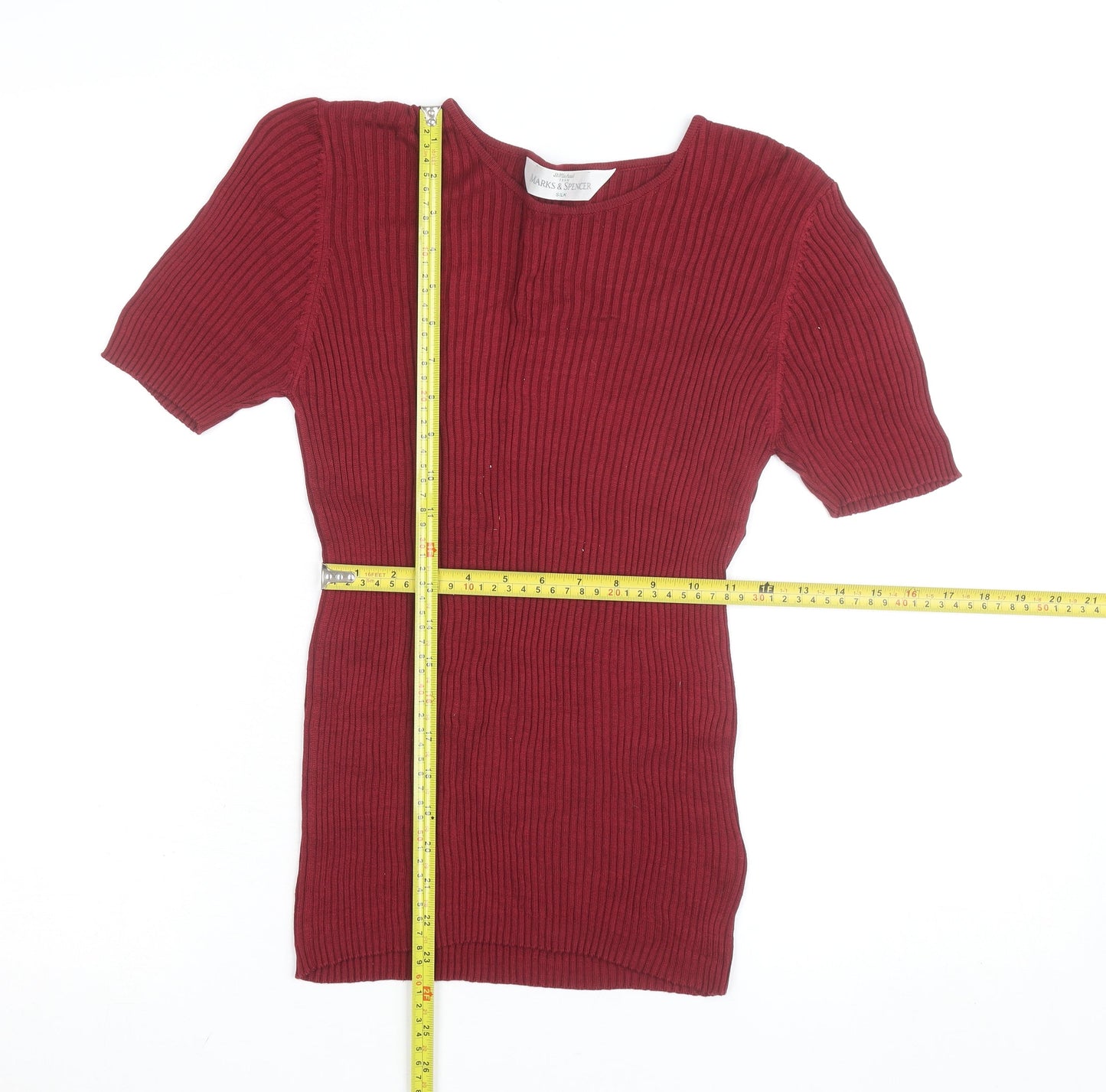 Marks and Spencer Women Red Silk Ribbed Short Sleeve Top M