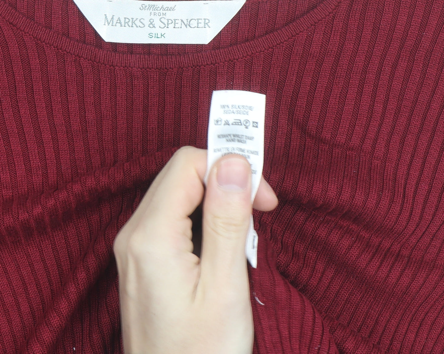 Marks and Spencer Women Red Silk Ribbed Short Sleeve Top M