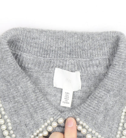 H&M Women Grey Beaded Collar Knit Pullover Jumper Size L