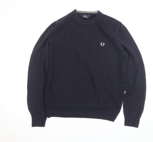 Fred Perry Men’s Blue Cotton Crew Neck Jumper Size L Classic Logo Knit