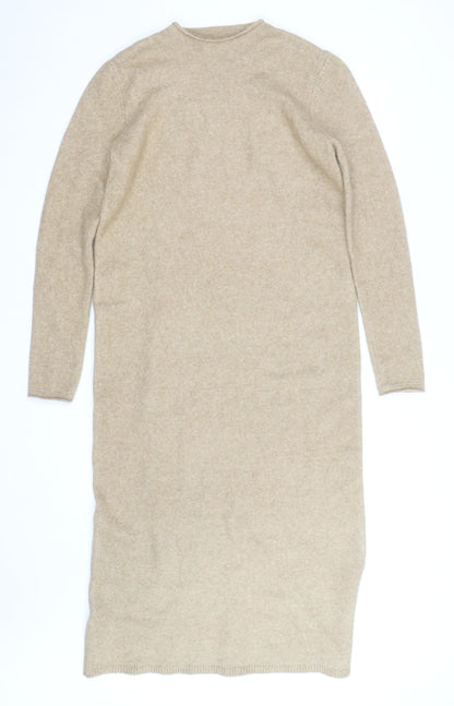 MNG Women Beige Wool Knit Jumper Dress L Long Sleeve Winter