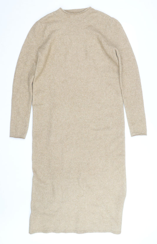 MNG Women Beige Wool Knit Jumper Dress L Long Sleeve Winter