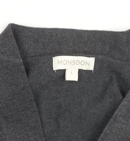 Monsoon Women Grey L Cardigan Beaded Open-Knit V-Neck Long Sleeve
