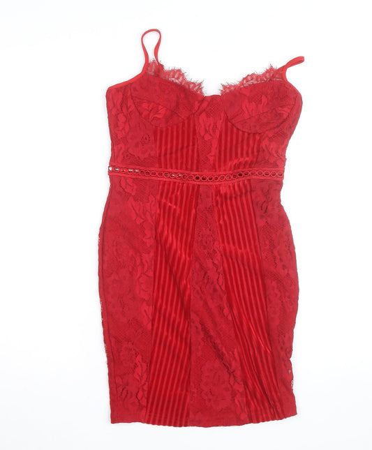 PrettyLittleThing Women's Red Lace Bodycon Dress Size 8