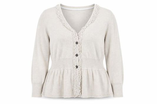 Front view of Betty Jackson Black Women's Beige, size 18, Ruffle Cardigan