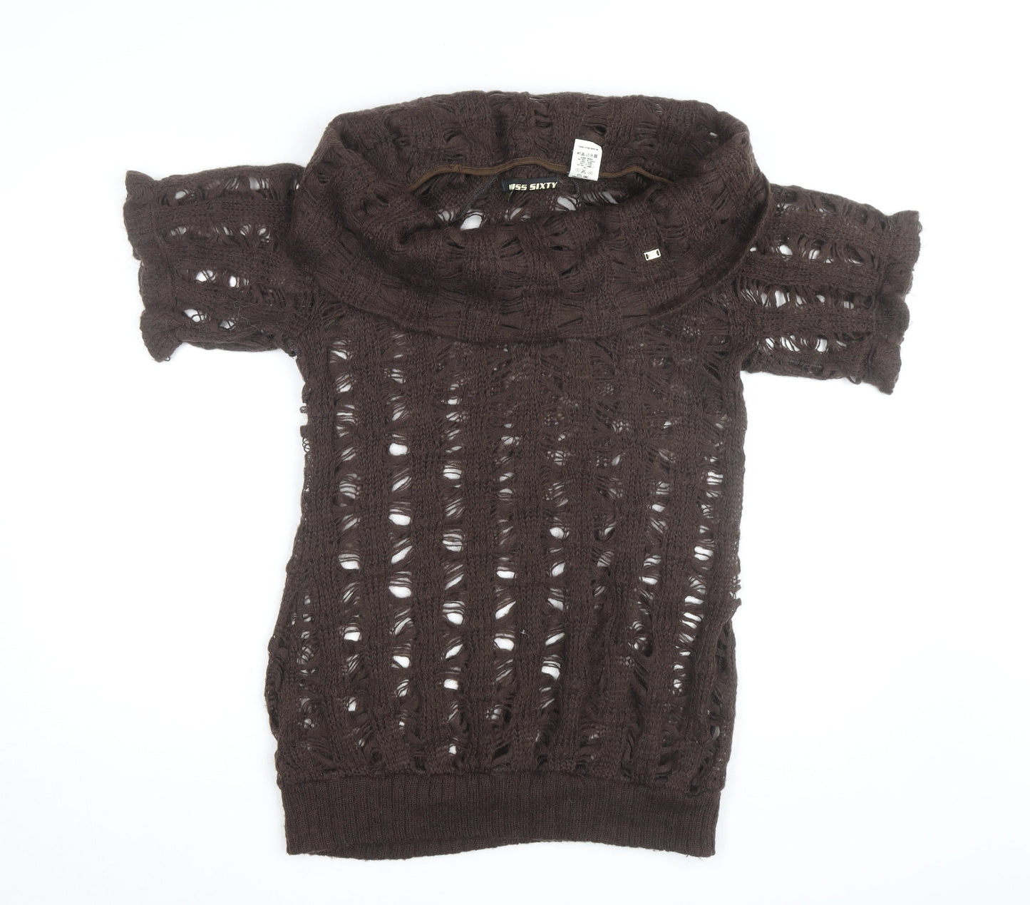 Miss Sixty Women Brown Open Knit Cowl Neck Short Sleeve Jumper Size M