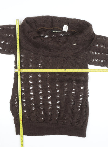 Miss Sixty Women Brown Open Knit Cowl Neck Short Sleeve Jumper Size M