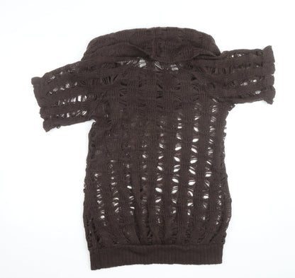 Miss Sixty Women Brown Open Knit Cowl Neck Short Sleeve Jumper Size M