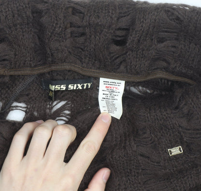 Miss Sixty Women Brown Open Knit Cowl Neck Short Sleeve Jumper Size M