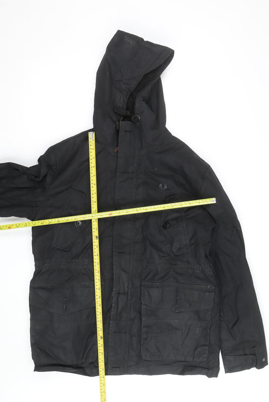 Fred Perry Men's Black Cotton Hooded Parka Jacket Size M