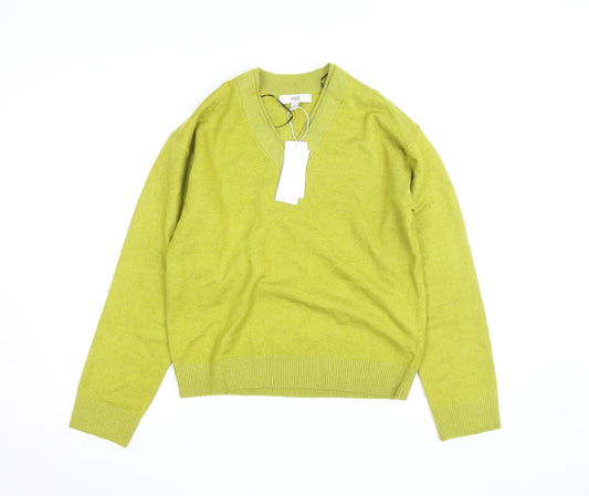 Marks and Spencer Women's Green V-Neck Cotton Blend Jumper Size S