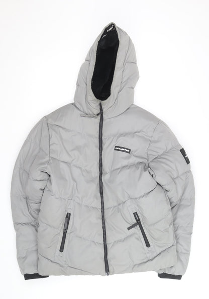 Hollister Men’s Grey Hooded Puffer Jacket L Warm Winter Casual Coat