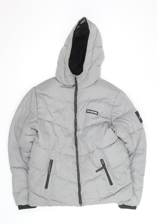 Hollister Men’s Grey Hooded Puffer Jacket L Warm Winter Casual Coat