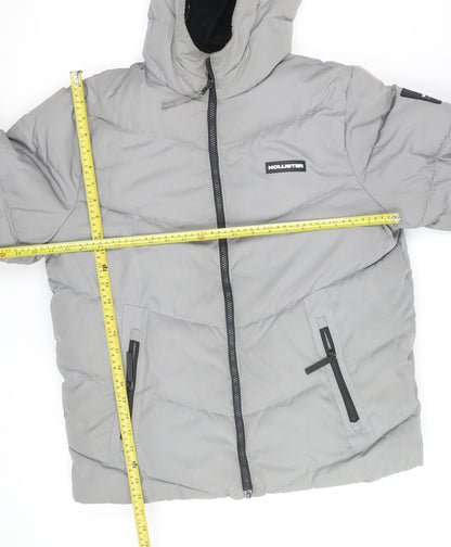 Hollister Men’s Grey Hooded Puffer Jacket L Warm Winter Casual Coat
