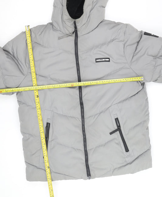 Hollister Men’s Grey Hooded Puffer Jacket L Warm Winter Casual Coat