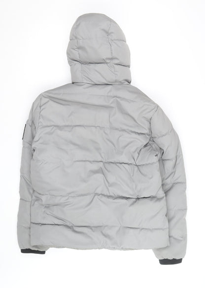 Hollister Men’s Grey Hooded Puffer Jacket L Warm Winter Casual Coat