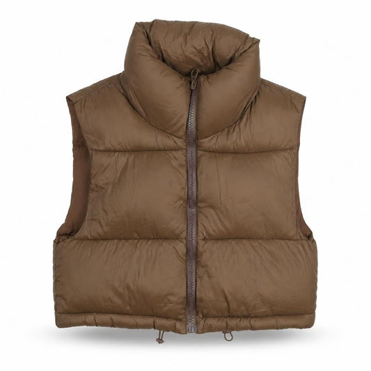 Stradivarius Women Brown XS Puffer Waistcoat Lightweight Cropped Zip