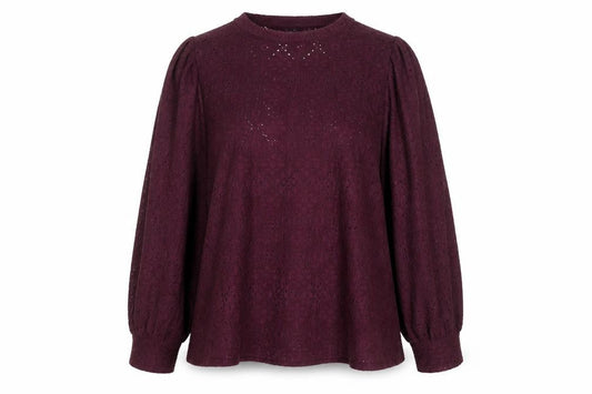 Front view of Gallery women’s purple lace long sleeve tunic blouse, size XL