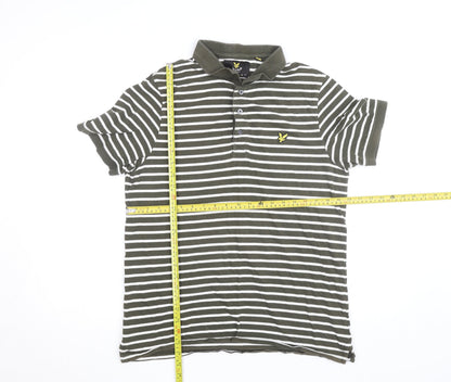 Lyle & Scott Mens Khaki White Striped Polo Shirt XL Short Sleeve