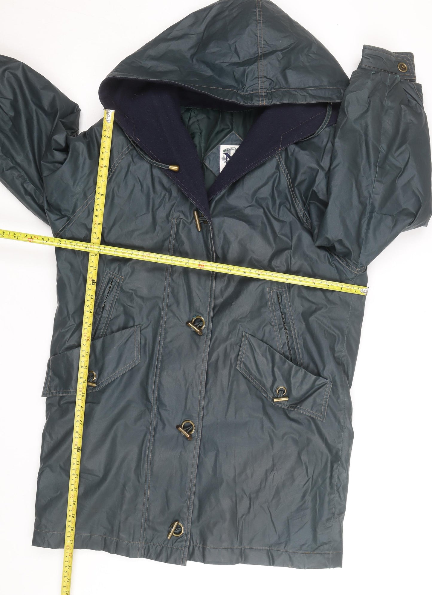 Nuage Women's Green Hooded Long Rain Coat Size 12 Waterproof Toggle Style