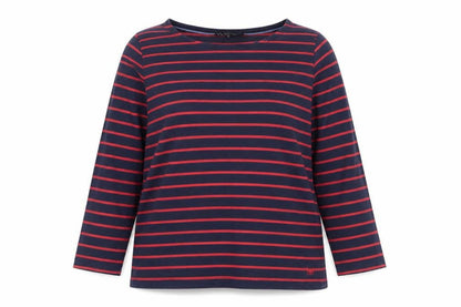 Front view of Crew Clothing Navy Red Striped 3/4 Sleeve Cotton T-Shirt, size 14