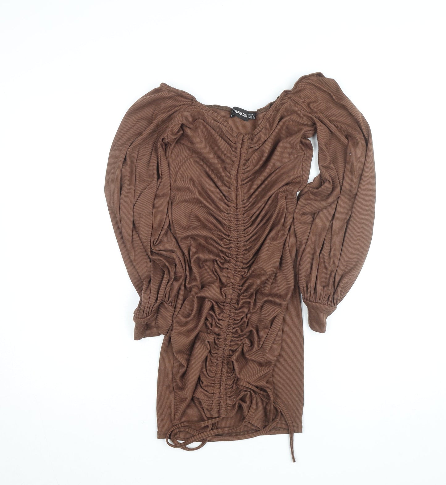PrettyLittleThing Women’s Brown Off Shoulder Ruched Bodycon Mini Dress Size 14