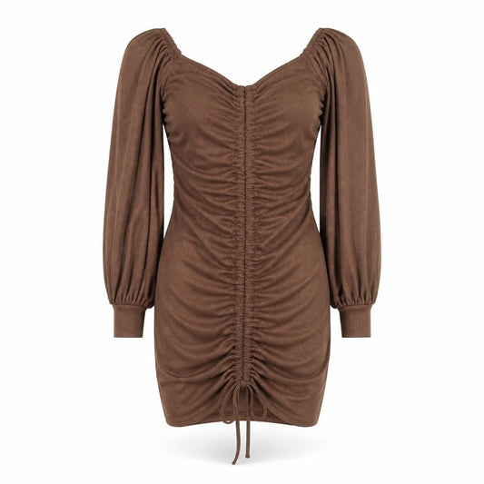 PRETTYLITTLETHING Women’s Brown Off Shoulder Ruched Bodycon Mini Dress Size 14