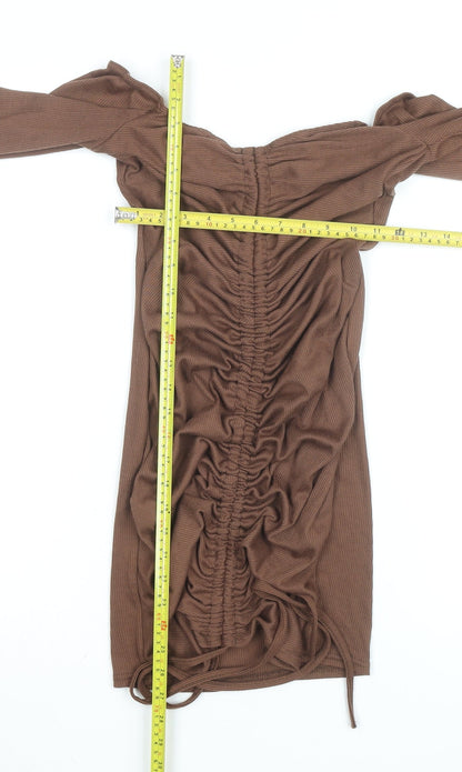 PrettyLittleThing Women’s Brown Off Shoulder Ruched Bodycon Mini Dress Size 14
