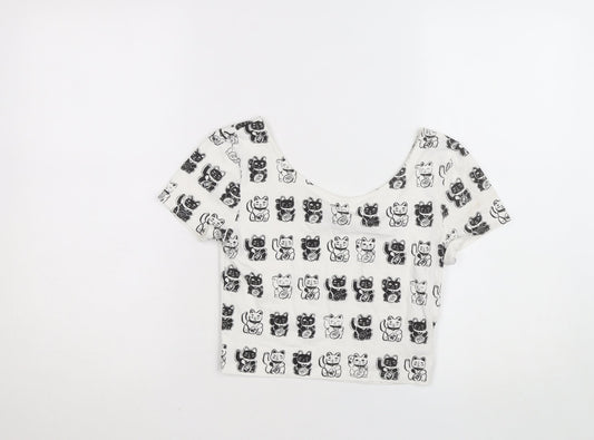 H&M Women’s White Cat Print Cropped T-Shirt Size 8
