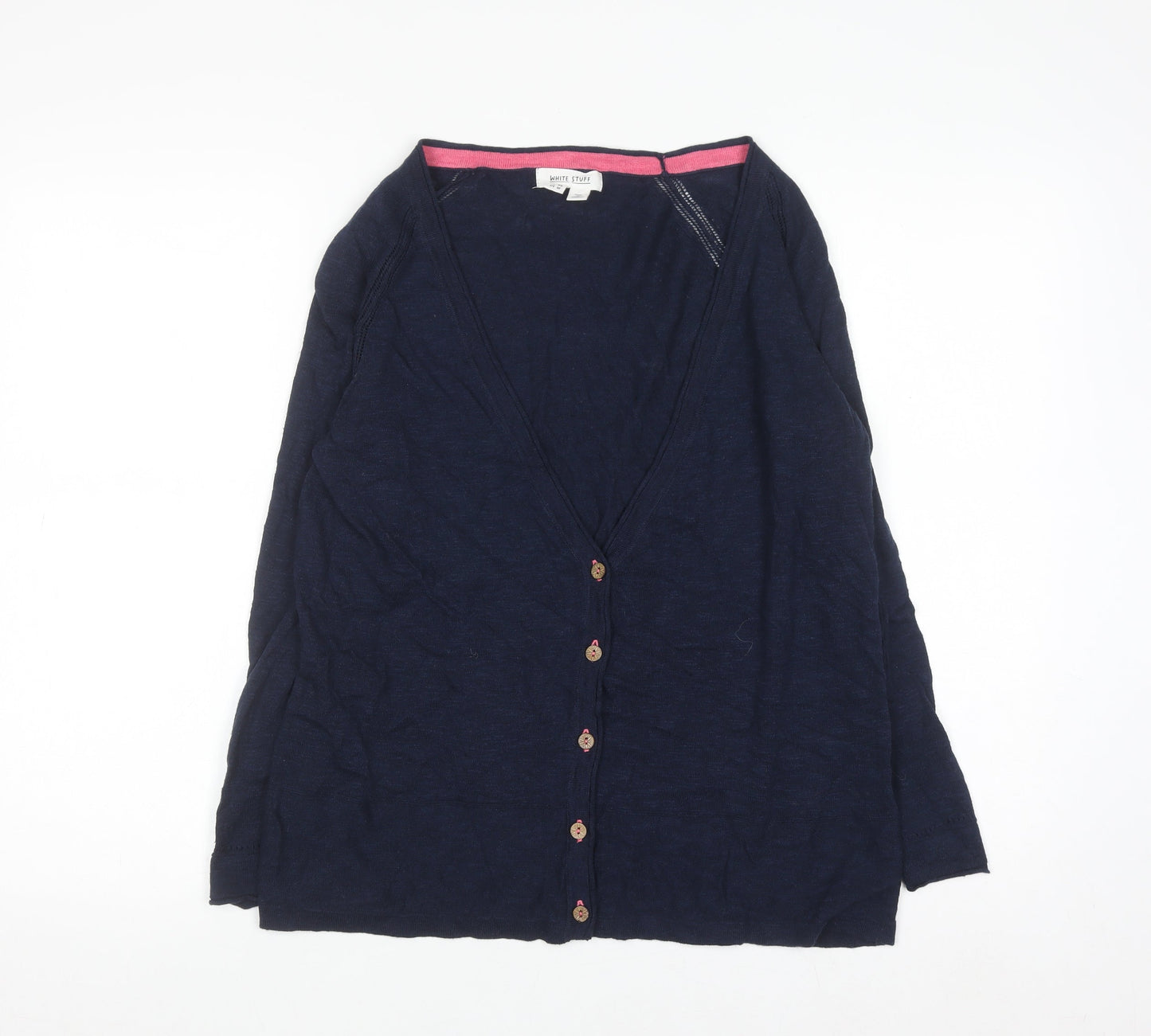 White Stuff Women's Navy Blue Linen Cotton V-Neck Cardigan UK 14