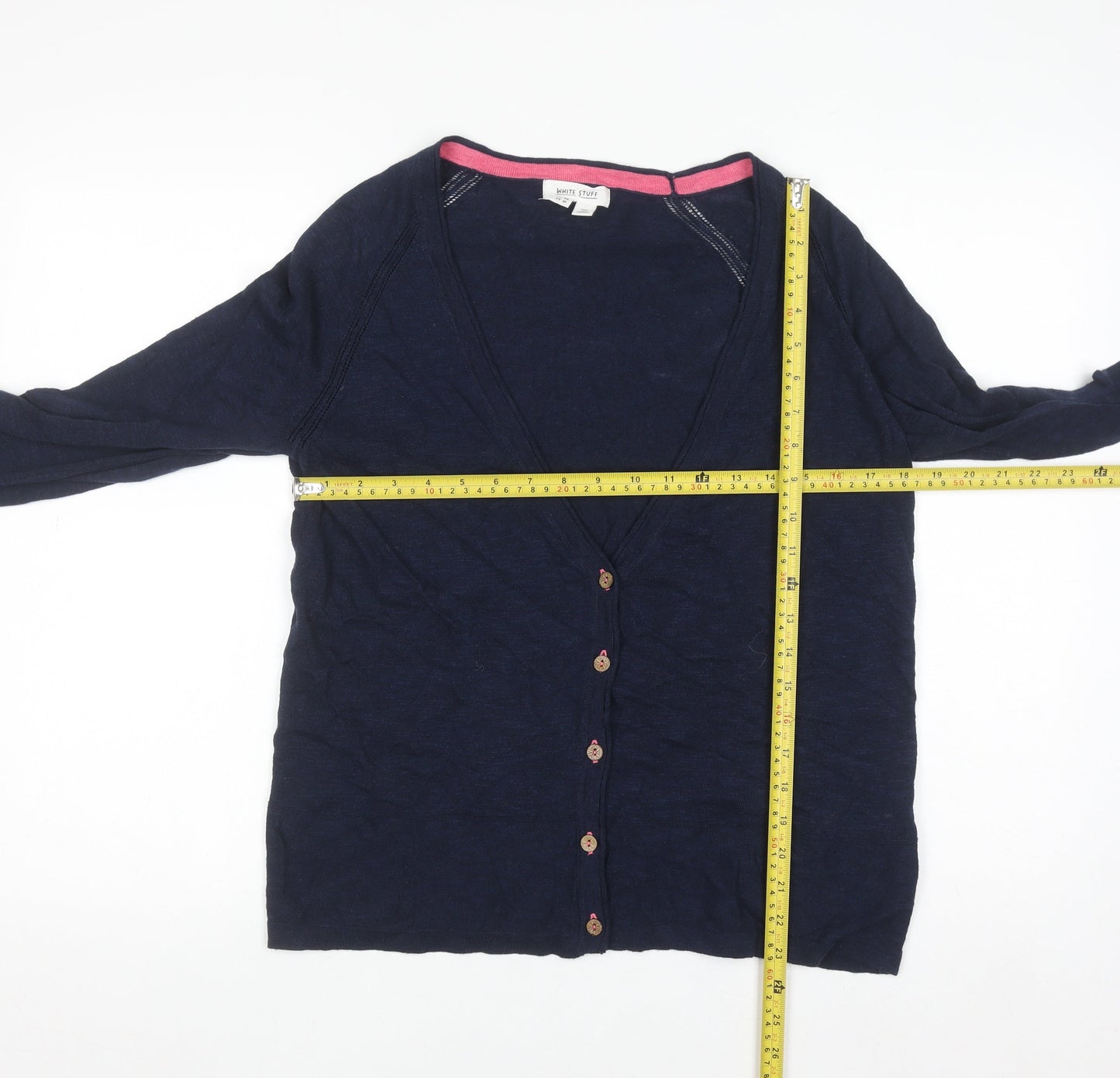 White Stuff Women's Navy Blue Linen Cotton V-Neck Cardigan UK 14