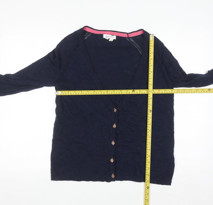 White Stuff Women's Navy Blue Linen Cotton V-Neck Cardigan UK 14