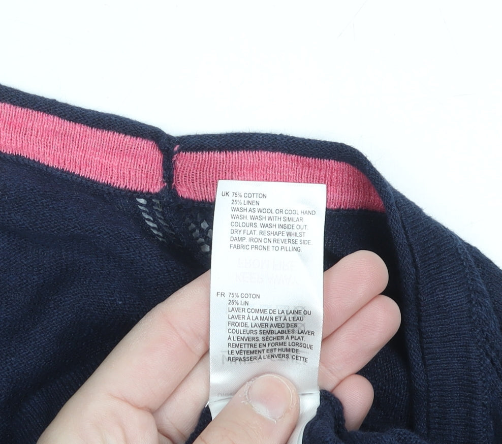 White Stuff Women's Navy Blue Linen Cotton V-Neck Cardigan UK 14