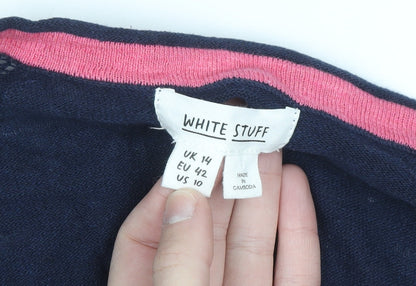White Stuff Women's Navy Blue Linen Cotton V-Neck Cardigan UK 14